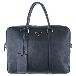 PRADA Triangle Plate Vitello Leather Briefcase Black